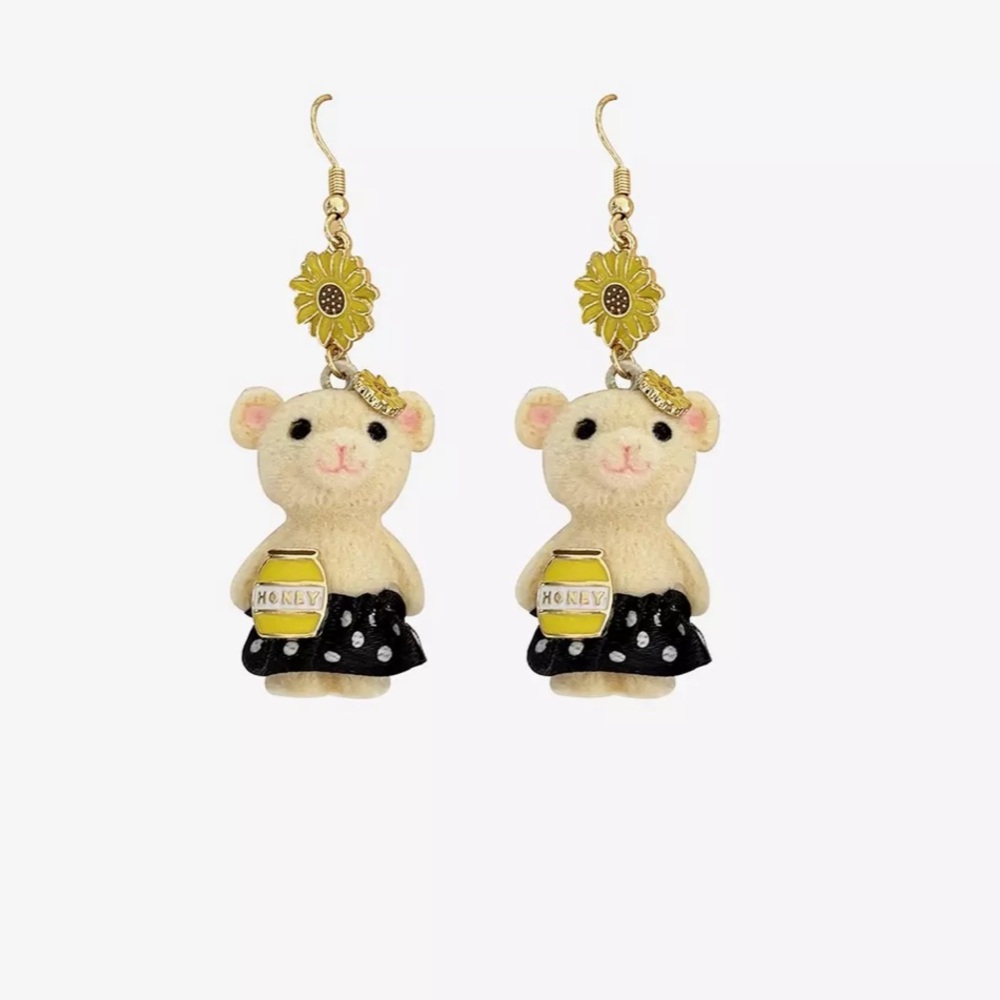 NEW THORN & FABLE fuzzy Teddy Bear Honey Earrings 3” Gold Tone Daisy Hot Topic